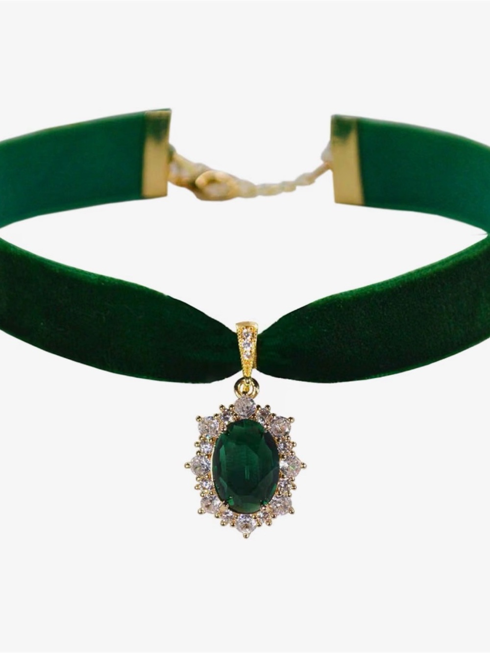 Emerald Velvet Choker Necklace with Crystal Halo Pendant